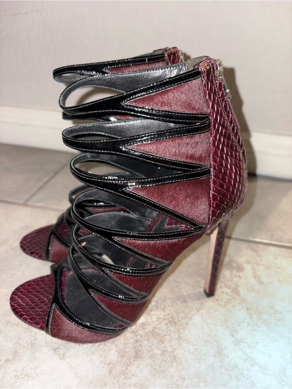 Brian Atwood Lynnden Pony Hair/Snakeskin Burgundy Wine Black Strappy pumps 8